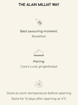 Alain Milliat product guide: best for breakfast, pairs with cow's curd & gingerbread, store at room temp or 4°C
