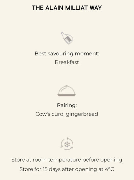 Alain Milliat product guide: best for breakfast, pairs with cow's curd & gingerbread, store at room temp or 4°C