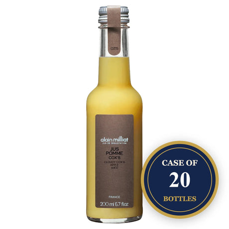 A bottle of Alain Milliat Jus de Pomme Cox's apple juice with a 20 bottle case badge.