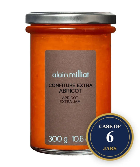 Alain Milliat Apricot Extra Jam in a 300g glass jar, sold as a case of 6 jars.