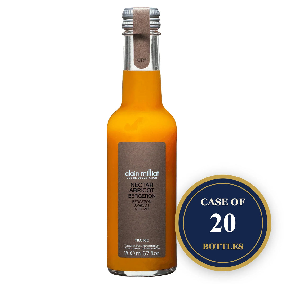 A bottle of Alain Milliat Apricot Bergeron Nectar with a 'Case of 20 Bottles' badge.