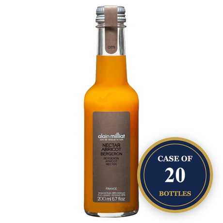 A bottle of Alain Milliat Apricot Bergeron Nectar with a 'Case of 20 Bottles' badge.