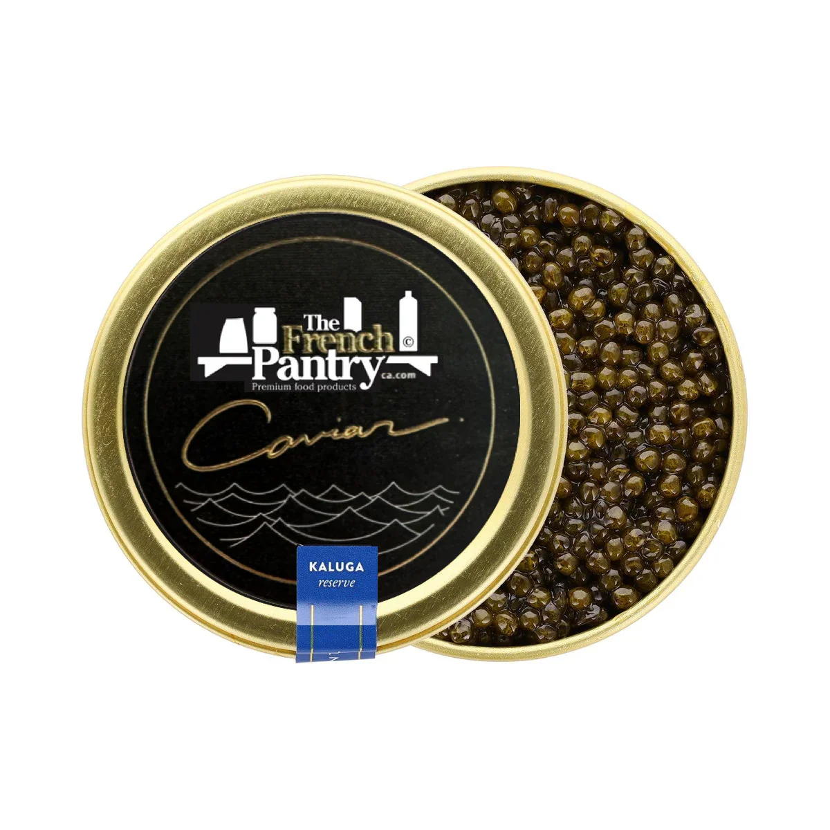 Kaluga caviar tin from The French Pantry, premium dark caviar displayed in gold container