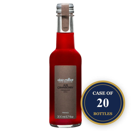 A bottle of Alain Milliat Cranberry Juice, 200 ml, with a case of 20 bottles badge.