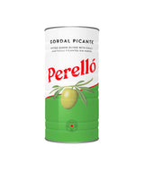 Can of Perello Gordal Picante olives on a light beige background
