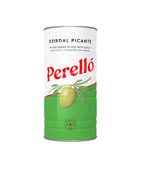 Can of Perello Gordal Picante olives on a light beige background