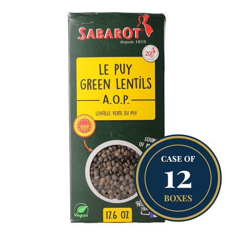 Sabarot Le Puy Green Lentils A.O.P., case of 12 boxes, French vegan lentils, protected designation of origin