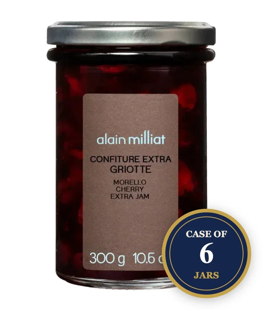 A 300g jar of Alain Milliat Griotte Morello Cherry Extra Jam, sold as a case of 6 jars.