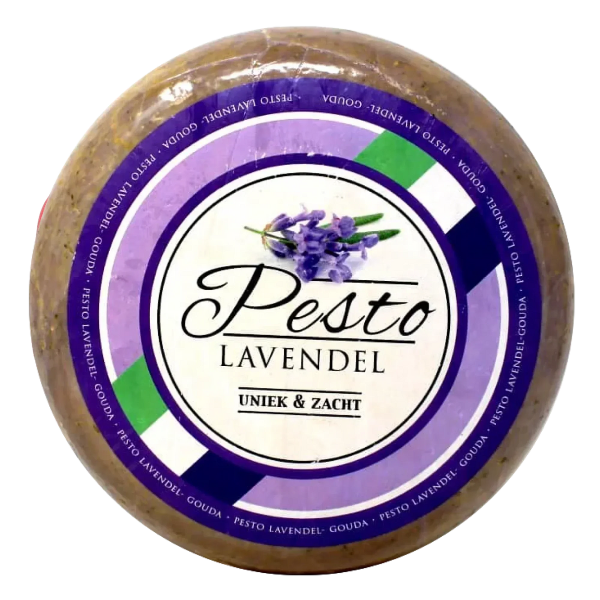 Round wheel of Pesto Lavendel Gouda cheese with lavender flower and purple label