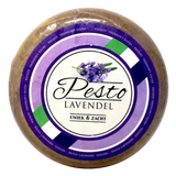 Round wheel of Pesto Lavendel Gouda cheese with lavender flower and purple label