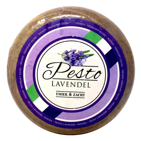 Round wheel of Pesto Lavendel Gouda cheese with lavender flower and purple label