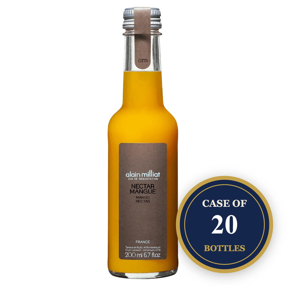 Alain Milliat Mango Nectar bottle with a case of 20 bottles badge