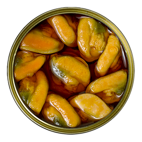 Gourmet mussels in escabeche sauce in an open tin, premium French pantry seafood