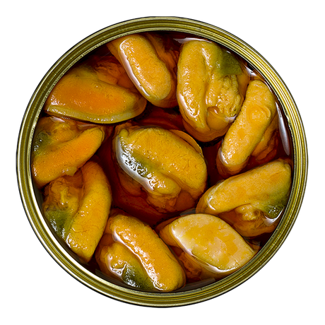 Gourmet mussels in escabeche sauce in an open tin, premium French pantry seafood