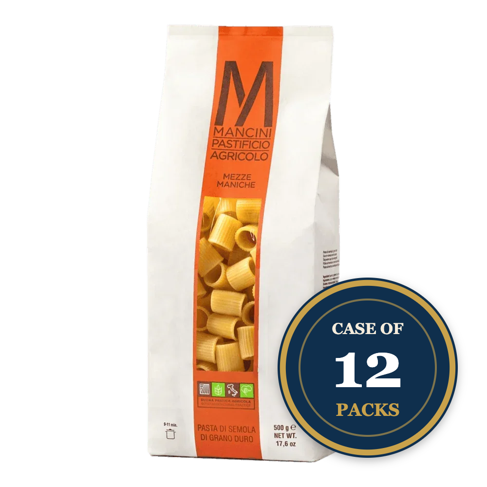 Mancini Mezze Maniche pasta, durum wheat, case of 12 packs, artisanal Italian pasta