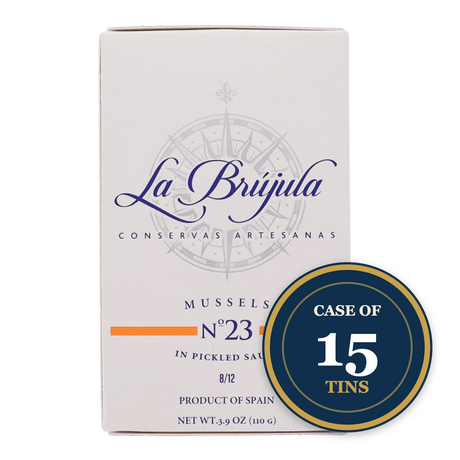 Case of 15 tins La Brújula artisan mussels in pickled sauce, product of Spain, premium seafood