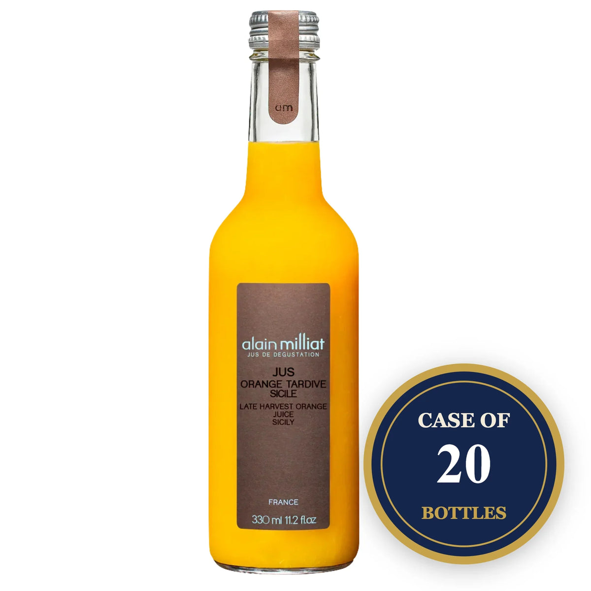 Bottle of Alain Milliat Late Harvest Orange Juice from Sicily, case of 20 bottles.