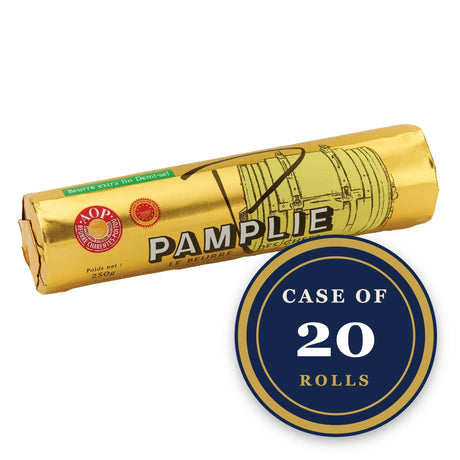 Case of 20 rolls of Pampilie extra fine demi-sel AOP French butter.