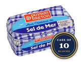 Paysan Breton sea salt butter block in blue and white patterned packaging.