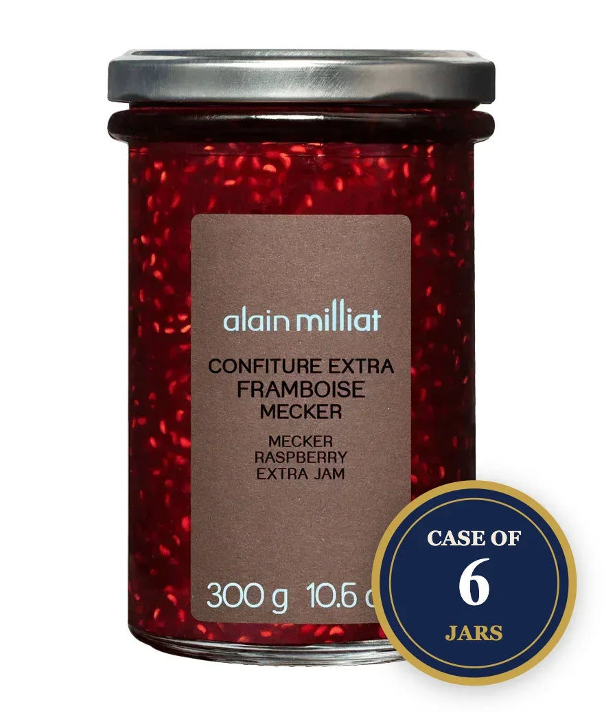 Jar of Alain Milliat Confiture Extra Framboise Mecker raspberry jam, case of 6 jars.
