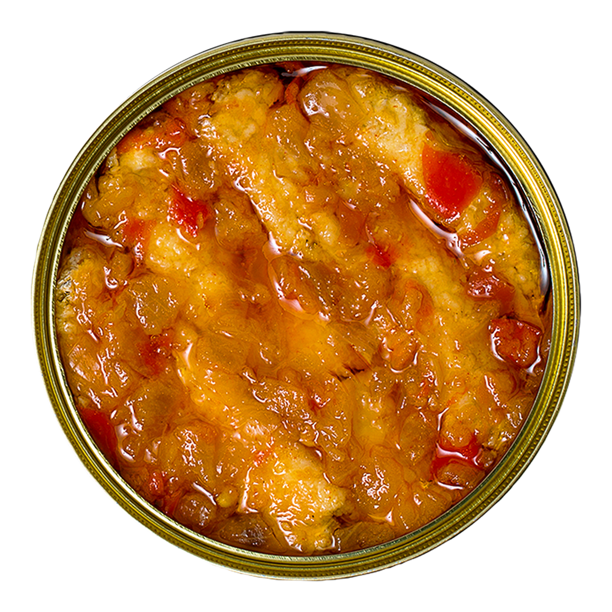 Canned stewed sardines in tomato sauce, top view, rich in healthy protein and omega-3.