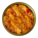 Canned stewed sardines in tomato sauce, top view, rich in healthy protein and omega-3.