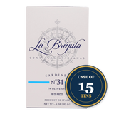 Case of 15 La Brujula artisan sardines in olive oil, Spanish conservas, premium seafood, 4 oz tins