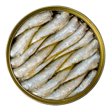 Premium canned sardines in olive oil, top view, artisan French pantry product