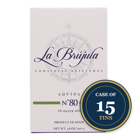 Case of 15 tins La Brújula squids in olive oil, artisanal Spanish conservas