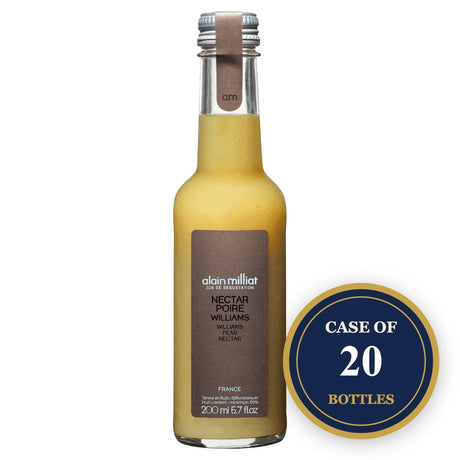 A bottle of Alain Milliat Williams Pear Nectar with a case of 20 bottles badge.