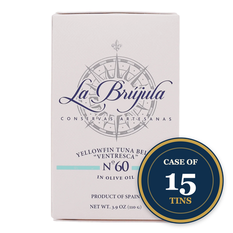 Case of 15 tins La Brujula Yellowfin Tuna Belly in olive oil, artisan Spanish conservas, premium quality